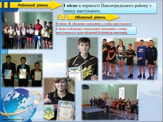 Районний рівень
Обласний рівень
І місце в першості Павлоградського району з
тенісу настільного.
ІІ місце В обласних змаганнях з тенісу настільного
І місце в обласних (зональних) змаганнях з тенісу
настільного в залік обласної Олімпіади школярів
 
