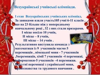 І етап Всеукраїнських учнівських олімпіад.
За заявками взяли участь105 учні 6-11 класів ,
що на 23 більше ніж у попередньому
навчальному році , 32 з них стали призерами.
І місце посіло 10 учнів,
ІІ місце – 8 учнів,
ІІІ місце – 14 учнів .
Результативно виступила команда з
математики із 9 учасників маємо 5
переможців , німецької мови - 7 учасників
,5переможців, хімії 7 учасників -4 переможці,
інформатики-5 учасників –4 переможця.
Відсутні переможці з української мови,
правознавства та трудового навчання .
Всеукраїнські учнівські олімпіади.
 