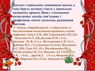 .Батьки є соціальним замовником школи, а
тому беруть активну участь у навчально-
виховному процесі. Вони є учасниками
позакласних заходів, пов’язаних з
професіями, світом захоплень, родинними
святами.
У тісному співробітництві з учнівськими та
батьківськими колективами працюють класні
керівники Левун Л.М. (4б), Герасимович І.П. (4г)
, Подоляко О.Л. (2б),Долгова О.М. ( 3-а) ,
Циганок Н. Ф. (1-а ), Желєзнякова С.П. (1-г) ,
Дубовик Н.Т. ( 3-г),Доценко І.І. (4-в), Молодцова
А.С. (5б), Скок О.І. (5г), Малоіваненко Ю.Г.
(5в),Кулєшова І.В. (7г), Павлова Л.І. (7в),Бабко
Л.В. , ( 6-в) , Драч Н.А. ( 9 -а ), Фещенко В.А.
(8-в), Пирогова Н.І. (11-б), Троценко О.В. (9-б).
 