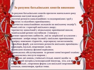 За рахунок батьківських коштів виконано
За рахунок батьківських коштів протягом навчального року
виконано наступні види робіт :
•поточні ремонти каналізаційних та водопровідних труб у
туалетах та підсобних приміщеннях;
•прочистка каналізаційних колодязів на шкільному подвір’ї;
•вивіз сміття з території шкільного двору;
•прочистку каналізації у підвальному приміщенні школи;
•капітальний ремонт вестибюлю 2 поверху ;
•ремонт предметних кабінетів , які не закріплені за класами ;
•виконано заміри опору ізоляції у шкільних приміщеннях
,повірку пожежних гідрантів , перезарядку вогнегасників;
•придбано фарбу для поточних ремонтів шкільних приміщень:
коридорів, їдальні, спортивних залів;
•проведено підписку фахової періодики;
•проводилось обслуговування та ремонт комп’ютерної техніки;
•оплачувались послуги охорони ;
•придбано дві дошки, учнівські стільці, миючі засоби та
посипковий матеріал,господарський інвентар, сіль для фільтрів
води у їдальні , спортивна форма для шкільної спортивної
команди, канцтовари, крейда тощо.
 