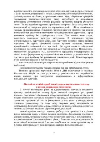 13
використанням за призначенням;якістю продуктів харчування при отриманні
з бази; ведення документації з питань харчування; забезпеченістю миючими,
дезінфікуючими засобами; дотриманням вимог щодо зберігання продуктів
харчування; санітарно-гігієнічного стану харчоблоку та допоміжних
приміщень; дотриманням строків реалізації продуктів; товарне сусідство
тощо. Під час перевірки групових приміщень контроль з боку завідувача був
направлений на створення умов для харчування дітей. Дітям дошкільного
закладу прищеплювались культурно-гігієнічні навички прийому їжі, вміння
користуватися столовими приборами та індивідуальними серветками. Перед
початком прийому їжі сервірувались столи. Діти знають назви страв,
володіють навичками культури харчування. В дошкільних групах
організовувалось чергування дітей. Діти чергували попарно, згідно графіка
чергувань. В групах оформлені сучасні куточки чергових, наявний
привабливий спеціальний одяг для дітей. Всі групи повністю забезпечені
необхідним посудом, який має належний естетичний вигляд. Вихователем-
методистом Богдановою К.Г. здійснюється періодичне спостереження та
аналіз стану формування культурно-гігієнічних навичок у дошкільників під
час миття рук, прийому їжі, роздягання та одягання дітей. В ході перевірок
були виявлені недоліки в роботі педагогів:
- не завжди дітьми використовувався санітарнийодяг під час чергування
по їдальні;
- не використовувались тканеві серветки під час сервірування столу.
Питання організації харчування дітей в ДНЗ включались в тематику
батьківських зборів, засідань ради закладу, розглядались на виробничих
нарад, нарадах при завідувачеві, висвітлювались в інформаційних
батьківських куточках.
Діяльність адміністрації дошкільного навчального закладу
з питань управління і контролю
З метою визначення рівня та вдосконалення навчально-виховного
процесу адміністрацією закладу були охоплені контролем усі суттєві
питання. Своєчасно здійснювався попереджувальний контроль за змістом та
якістю планування навчально-виховного процесу, за якістю щоквартального
засвоєння програми дітьми та формування у них знань з попередження
дитячого травматизму. Це дало змогу звернути увагу вихователів на
формування фонематичного слуху, розвиток зв’язного мовлення, розвиток
творчих здібностей засобами образотворчої діяльності.
Адміністрацією закладу оцінено роботу, яка проводиться з дітьми
щодо засвоєння знань з різних розділів програми, формування здорового
способужиття, трудових та культурно-гігієнічних навичок, з вихователями -
щодо підвищення їх кваліфікаційного рівня, з батьками - щодо підвищення їх
педагогічної компетентності. З метою запобігання дитячого травматизму та
безпеки життєдіяльності були проведені наступні форми контролю:
 