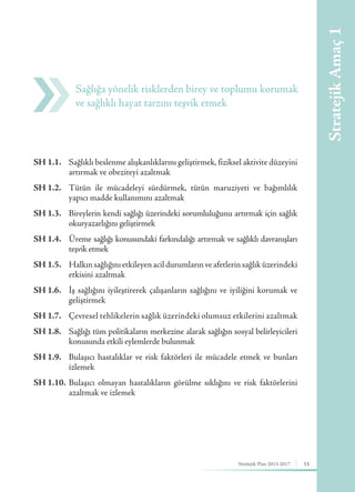 15Stratejik Plan 2013-2017
SH 1.1.	 Sağlıklı beslenme alışkanlıklarını geliştirmek, fiziksel aktivite düzeyini
artırmak ve obeziteyi azaltmak
SH 1.2.	 Tütün ile mücadeleyi sürdürmek, tütün maruziyeti ve bağımlılık
yapıcı madde kullanımını azaltmak
SH 1.3.	 Bireylerin kendi sağlığı üzerindeki sorumluluğunu artırmak için sağlık
okuryazarlığını geliştirmek
SH 1.4.	 Üreme sağlığı konusundaki farkındalığı artırmak ve sağlıklı davranışları
teşvik etmek
SH 1.5.	 Halkınsağlığınıetkileyenacildurumlarınveafetlerinsağlıküzerindeki
etkisini azaltmak
SH 1.6.	 İş sağlığını iyileştirerek çalışanların sağlığını ve iyiliğini korumak ve
geliştirmek
SH 1.7.	 Çevresel tehlikelerin sağlık üzerindeki olumsuz etkilerini azaltmak
SH 1.8.	 Sağlığı tüm politikaların merkezine alarak sağlığın sosyal belirleyicileri
konusunda etkili eylemlerde bulunmak
SH 1.9.	 Bulaşıcı hastalıklar ve risk faktörleri ile mücadele etmek ve bunları
izlemek
SH 1.10.	Bulaşıcı olmayan hastalıkların görülme sıklığını ve risk faktörlerini
azaltmak ve izlemek
Sağlığa yönelik risklerden birey ve toplumu korumak
ve sağlıklı hayat tarzını teşvik etmek
StratejikAmaç1
 