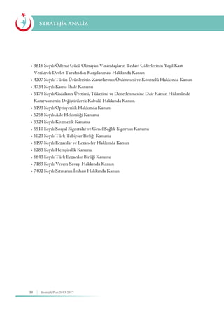 30 Stratejik Plan 2013-2017
STRATEJİK ANALİZ
• 3816 Sayılı Ödeme Gücü Olmayan Vatandaşların Tedavi Giderlerinin Yeşil Kart  	    	
Verilerek Devlet Tarafından Karşılanması Hakkında Kanun
• 4207 Sayılı Tütün Ürünlerinin Zararlarının Önlenmesi ve Kontrolü Hakkında Kanun
• 4734 Sayılı Kamu İhale Kanunu
• 5179 Sayılı Gıdaların Üretimi, Tüketimi ve Denetlenmesine Dair Kanun Hükmünde 	
Kararnamenin Değiştirilerek Kabulü Hakkında Kanun
• 5193 Sayılı Optisyenlik Hakkında Kanun
• 5258 Sayılı Aile Hekimliği Kanunu
• 5324 Sayılı Kozmetik Kanunu
• 5510 Sayılı Sosyal Sigortalar ve Genel Sağlık Sigortası Kanunu
• 6023 Sayılı Türk Tabipler Birliği Kanunu
• 6197 Sayılı Eczacılar ve Eczaneler Hakkında Kanun
• 6283 Sayılı Hemşirelik Kanunu
• 6643 Sayılı Türk Eczacılar Birliği Kanunu
• 7183 Sayılı Verem Savaşı Hakkında Kanun
• 7402 Sayılı Sıtmanın İmhası Hakkında Kanun
 