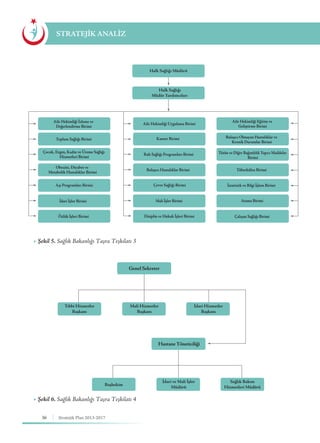 36 Stratejik Plan 2013-2017
STRATEJİK ANALİZ
▶ Şekil 5. Sağlık Bakanlığı Taşra Teşkilatı 3
▶ Şekil 6. Sağlık Bakanlığı Taşra Teşkilatı 4
Tıbbi Hizmetler
Başkanı
Mali Hizmetler
Başkanı
İdari Hizmetler
Başkanı
Genel Sekreter
Başhekim
İdari ve Mali İşler
Müdürü
Sağlık Bakım
Hizmetleri Müdürü
Hastane Yöneticiliği
Halk Sağlığı
Müdür Yardımcıları
Aile Hekimliği İzleme ve
Değerlendirme Birimi
Obezite, Diyabet ve
Metabolik Hastalıklar Birimi
Toplum Sağlığı Birimi
Aşı Programları Birimi
Çocuk, Ergen, Kadın ve Üreme Sağlığı
Hizmetleri Birimi
İdari İşler Birimi
Özlük İşleri Birimi
Çevre Sağlığı Birimi
Ruh Sağlığı Programları Birimi
Mali İşler Birimi
Disiplin ve Hukuk İşleri Birimi
Aile Hekimliği Uygulama Birimi
Kanser Birimi
Bulaşıcı Hastalıklar Birimi
Atama Birimi
Bulaşıcı Olmayan Hastalıklar ve
Kronik Durumlar Birimi
İstatistik ve Bilgi İşlem Birimi
Çalışan Sağlığı Birimi
Tütün ve Diğer Bağımlılık Yapıcı Maddeler
Birimi
Aile Hekimliği Eğitim ve
Geliştirme Birimi
Tüberküloz Birimi
Halk Sağlığı Müdürü
 