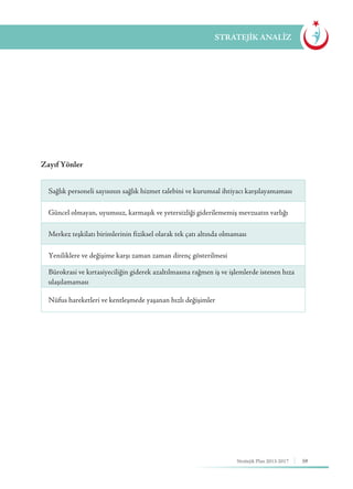 59Stratejik Plan 2013-2017
STRATEJİK ANALİZ
Zayıf Yönler
Sağlık personeli sayısının sağlık hizmet talebini ve kurumsal ihtiyacı karşılayamaması
Güncel olmayan, uyumsuz, karmaşık ve yetersizliği giderilememiş mevzuatın varlığı
Merkez teşkilatı birimlerinin fiziksel olarak tek çatı altında olmaması
Yeniliklere ve değişime karşı zaman zaman direnç gösterilmesi
Bürokrasi ve kırtasiyeciliğin giderek azaltılmasına rağmen iş ve işlemlerde istenen hıza
ulaşılamaması
Nüfus hareketleri ve kentleşmede yaşanan hızlı değişimler
 