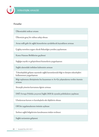 60 Stratejik Plan 2013-2017
STRATEJİK ANALİZ
Fırsatlar
Ülkemizdeki istikrar ortamı
Ülkemizin genç bir nüfusa sahip olması
Artan milli gelir ile sağlık hizmetlerine ayrılabilecek kaynakların artması
Çağdaş normlara uygun olarak Bakanlığın yeniden yapılanması
Kamu Hastane Birliklerine geçilmesi
Sağlığın teşviki ve geliştirilmesi hizmetlerin yaygınlaşması
Sağlık alanındaki istihdam kalitesinin artması
Teknolojideki gelişme sayesinde sağlık kurumlarında bilgi ve iletişim teknolojileri
kullanımının yaygınlaşması
Bilgi toplumuna dönüşümün hız kazanması ve Ar-Ge çalışmalarına verilen önemin
artması
Stratejik yönetim kavramına ilginin artması
DSÖ Avrupa Politika çerçevesi Sağlık 2020 ile uyumlu politikaların yapılması
Uluslararası kurum ve kuruluşlarla sıkı ilişkilerin olması
Off-Set uygulamalarının önünün açılması
Serbest sağlık bölgelerinin kurulmasına imkân verilmesi
Sağlık turizminin gelişmesi
 