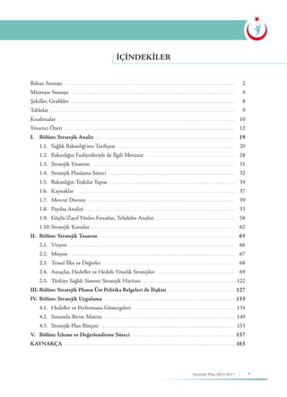 7Stratejik Plan 2013-2017
İÇINDEKILER
Bakan Sunuşu ........................................................................................................................................
Müsteşar Sunuşu ...................................................................................................................................
Şekiller, Grafikler ...................................................................................................................................
Tablolar ...................................................................................................................................................
Kısaltmalar .............................................................................................................................................
Yönetici Özeti ........................................................................................................................................
I. 	 Bölüm: Stratejik Analiz ...............................................................................................................
	 1.1.	 Sağlık Bakanlığı’nın Tarihçesi ..............................................................................................
	 1.2.	 Bakanlığın Faaliyetleriyle ile İlgili Mevzuat .......................................................................
	 1.3. 	 Stratejik Yönetim ..................................................................................................................
	 1.4. 	 Stratejik Planlama Süreci .....................................................................................................
	 1.5. 	 Bakanlığın Teşkilat Yapısı ....................................................................................................
	 1.6. 	 Kaynaklar ...............................................................................................................................
	 1.7. 	 Mevcut Durum .....................................................................................................................
	 1.8. 	 Paydaş Analizi .......................................................................................................................
	 1.9.	Güçlü-Zayıf Yönler, Fırsatlar, Tehditler Analizi ................................................................
	 1.10.	Stratejik Konular ...................................................................................................................
II.	 Bölüm: Stratejik Tasarım .............................................................................................................
	 2.1.		Vizyon ....................................................................................................................................
	 2.2.		Misyon ...................................................................................................................................
	 2.3.		Temel İlke ve Değerler .........................................................................................................
	 2.4.		Amaçlar, Hedefler ve Hedefe Yönelik Stratejiler ..............................................................
	 2.5.		Türkiye Sağlık Sistemi Stratejik Haritası .........................................................................
III. 	Bölüm: Stratejik Planın Üst Politika Belgeleri ile İlişkisi .....................................................
IV. 	Bölüm: Stratejik Uygulama ........................................................................................................
	 4.1.	 Hedefler ve Performans Göstergeleri .................................................................................
	 4.2. 	 Sorumlu Birim Matrisi ........................................................................................................
	 4.3.	 Stratejik Plan Bütçesi ...........................................................................................................
V. 	 Bölüm: İzleme ve Değerlendirme Süreci ..................................................................................
KAYNAKÇA ........................................................................................................................................
2
4
8
9
10
12
19
20
28
31
32
34
37
39
53
58
62
65
66
67
68
69
122
127
133
134
149
153
157
163
 