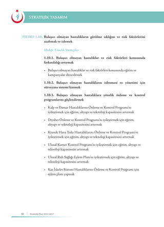 82 Stratejik Plan 2013-2017
STRATEJİK TASARIM
HEDEF 1.10.	 Bulaşıcı olmayan hastalıkların görülme sıklığını ve risk faktörlerini
azaltmak ve izlemek
	 Hedefe Yönelik Stratejiler
	 1.10.1. Bulaşıcı olmayan hastalıklar ve risk faktörleri konusunda
farkındalığı artırmak
	 •	 Bulaşıcı olmayan hastalıklar ve risk faktörleri konusunda eğitim ve 	 	
	 kampanyalar düzenlemek
	 1.10.2. Bulaşıcı olmayan hastalıkların izlenmesi ve yönetimi için
sürveyans sistemi kurmak
	 1.10.3. Bulaşıcı olmayan hastalıklara yönelik önleme ve kontrol
programlarını güçlendirmek
	 •	 Kalp ve Damar Hastalıklarını Önleme ve Kontrol Programı’nı 	 	
	 iyileştirmek için eğitim, altyapı ve teknoloji kapasitesini artırmak
	 •	 Diyabet Önleme ve Kontrol Programı’nı iyileştirmek için eğitim, 	 	
	 altyapı ve teknoloji kapasitesini artırmak
	 •	 Kronik Hava Yolu Hastalıklarını Önleme ve Kontrol Programı’nı 		
	 iyileştirmek için eğitim, altyapı ve teknoloji kapasitesini artırmak
	 •	 Ulusal Kanser Kontrol Programı’nı iyileştirmek için eğitim, altyapı ve 	
	 teknoloji kapasitesini artırmak
	 •	 Ulusal Ruh Sağlığı Eylem Planı’nı iyileştirmek için eğitim, altyapı ve 	
	 teknoloji kapasitesini artırmak
	 •	 Kas İskelet Sistemi Hastalıklarını Önleme ve Kontrol Programı için 	
	 eylem planı yapmak
 