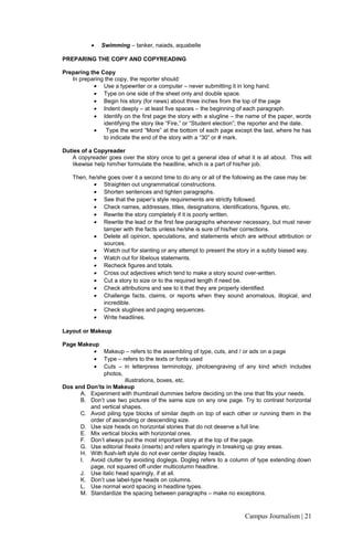 • Swimming – tanker, naiads, aquabelle
PREPARING THE COPY AND COPYREADING
Preparing the Copy
In preparing the copy, the re...