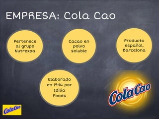 EMPRESA: Cola Cao
Pertenece
al grupo
Nutrexpa
Producto
español,
Barcelona
Elaborado
en 1946 por
Idilia
Foods
Cacao en
polvo
soluble
 