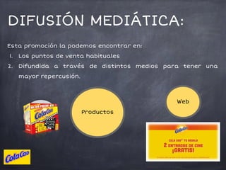 Esta promoción la podemos encontrar en:
1. Los puntos de venta habituales
2. Difundida a través de distintos medios para tener una
mayor repercusión.
DIFUSIÓN MEDIÁTICA:
Productos
Web
 