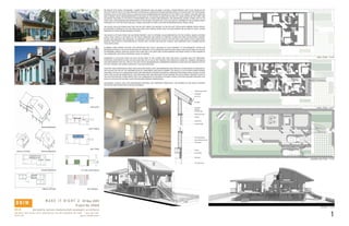 SECTION 1"=8'-0"
GROUND LEVEL PLAN 1"=8'-0"
LEVEL 1 PLAN 1"=8'-0"
LEVEL 2 PLAN 1"=8'-0"
BNIM berkebile nelson immenschuh mcdowell architects
106 West 14th St reet Suite 200 Kansas City MO 64105816 783 1500 f 816 783 1501
bnim.co m Copyright © 2009 BNIM Architects
CREOLE COTTAGE
TRANSFORMATIONCREOLE COTTAGE
SIPS MODULE
1ST LEVEL OPEN SPACES
WET CORES
UNITS LINKED
TWO UNITS
TRANSFORMATION
TRANSFORMATION
WE BELIEVE THAT MANY SUSTAINABLE, CLIMATE RESPONSIVE AND VALUABLE CULTURAL CHARACTERISTICS ARE TO BE FOUND IN THE
ARCHITECTURE OFTHE CITY OF NEW ORLEANS.THE PROPOSAL IS BASED ONTHE NEW ORLEANS CREOLE COTTAGE HOUSETYPE.TRADITIONAL
FEATURES SUCH ASTHE FRONT PORCH, A LARGE ROOF AND DORMERWINDOW PRESENTEDTOTHE STREET,THE“CABINET”HOUSING SERVICES
AND A PRIVATE COURT ARE REINTERPRETED AS THE BASIS OF THE DESIGN. IN ADDITION THE IDEA OF A MAIN HOUSE ON THE STREET AND
SECONDARY BUILDINGS TO THE REAR IS TRANSFORMED INTO A MAIN THREE BEDROOM, TWO BATHROOM, DOUBLE STOREY UNIT AT THE
FRONT AND A ONE BEDROOM ONE BATHROOM FLAT IN THE REAR. THE REAR UNIT COULD BE USED BY A MEMBER OF THE EXTENDED FAMILY
OR RENTED OUT. THE TWO UNITS ARE EASILY LINKED TOGETHER TO FORM A FOUR OR FIVE BEDROOM SINGLE FAMILY HOUSE.
THE HOUSE COULD BE RAISED EIGHT FEET OR FIVE FEET ABOVE THE GROUND. IN THE FIVE FEET OPTION BOTH PARKING SPACES WOULD
BE PROVIDED IN TANDEM IN THE SOUTHERN SIDE YARD. BOTH PARKING SPACES AND THE REAR GARDEN ARE SECURED BY GATES. SLIDING
WINDOW SHUTTERS FURTHER ENHANCE SECURITY.
THE HOUSE IS SET BACK FROM THE SOUTHERN PROPERTY LINE TO OPTIMIZE SOLAR ORIENTATION FOR THE CENTRAL RAISED OUTDOOR
LIVING COURT WHICH IS THE HEART OF THE HOUSE. WINDOWS ARE SHADED BY PORCHES, SLIDING SHUTTERS OR VEGETATED SCREENS.
ROOMS AND WINDOWS ARE ARRANGED TO MAXIMIZE CROSS VENTILATION IN BOTH THE EAST-WEST AND NORTH-SOUTH DIRECTIONS.
NATURAL VENTILATION IS SUPPLEMENTED BY CEILING FANS. SLOPING AND VAULTED CEILINGS, HIGH WINDOWS AND A DORMER INDUCE
STACK VENTILATION.
PLUMBING CORES SERVING KITCHENS AND BATHROOMS ARE TIGHTLY GROUPED IN CLOSE PROXIMITY TO THE RAINWATER CISTERN FOR
MAXIMUM EFFICIENCY.THE SOUTH FACING ROOF OFTHE REAR FLAT ACCOMODATES PHOTOVOLTAIC PANELS AND SOLARTUBES AS A SOURCE
OF RENEWABLE ENERGY. GROUND SOURCE HEAT PUMP WELLS OR LOOPS ARE LOCATED BENEATH THE RAISED HOUSE SO THAT DIGGING IN
THE GARDEN WILL NOT POSE A POTENTIAL CAUSE OF DAMAGE.
RAINWATER IS COLLECTED FROM THE EAST FACING ROOF, IN THE CISTERN AND USED FOR TOILET FLUSHING AND SITE IRRIGATION.
ADDITIONAL RAIN WATER FALLING ON THE HOUSE AND SITE IS COLLECTED THROUGH THE GARDEN IN A SERIES OF CHANNELS, BIOSWALES
AND RAINGARDENS THAT WILL REDUCE THE LOAD ON THE NEIGHBORHOOD STORMWATER DRAINAGE SYSTEM AND HELP IRRIGATE THE SITE
SO THAT A PRODUCTIVE“EDIBLE LANDSCAPE”COULD BE SUPPORTED.
CONSTRUCTION IS PROPOSED IN STRUCTURAL INSULATED PANELS (SIPS) AND DIMENSIONS ARE CAREFULLY COORDINATEDTO AVOIDWASTE.
THIS ALLOWS FOR THE OFF SITE PREFABRICATION OF COMPONENTS AND RAPID ASSEMBLY. THE HOUSE IS CLAD IN FIBER CEMENT BOARDS
AND PANELS APPLIED AS A RAINSCREEN. ROOFS ARE PREFINISHED STANDING SEAM METAL. WINDOWS ARE DOUBLE HUNG, DOUBLE GLAZED
UNITS THAT ALLOW THE OPERATION OF SHUTTERS WHEN THEY ARE OPEN AND DO NOT REQUIRE THE USE OF IMPACT RESITANT GLASS AS
THE SHUTTERS PROVIDE STORM PROTECTION. THIS COMBINATION OF MATERIALS ASSURES A HIGHLY EFFICIENT BUILDING ENVELOPE THAT
REDUCES COOLING AND HEATING LOADS AND REQUIRES MINIMAL MAINTENANCE.
SUSTAINABLE, HEALTHY AND LOW MAINTENANCE MATERIALS ARE PROPOSED THROUGHOUT THE INTERIOR AS ARE HIGHLY EFFICIENT
APPLIANCES AND HEATING AND COOLING EQUIPMENT.
MAKE IT RIGHT 2 09 May 2009
Project No. 09020
1
 