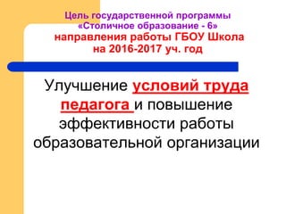 Цель государственной программы
«Столичное образование - 6»
направления работы ГБОУ Школа
на 2016-2017 уч. год
Улучшение условий труда
педагога и повышение
эффективности работы
образовательной организации
 