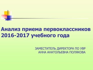 ЗАМЕСТИТЕЛЬ ДИРЕКТОРА ПО УВР
АННА АНАТОЛЬЕВНА ПОЛЯКОВА
Анализ приема первоклассников
2016-2017 учебного года
 