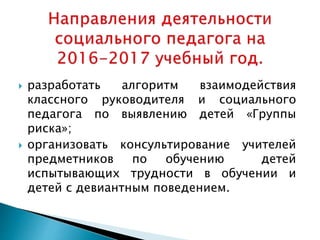  разработать алгоритм взаимодействия
классного руководителя и социального
педагога по выявлению детей «Группы
риска»;
 организовать консультирование учителей
предметников по обучению детей
испытывающих трудности в обучении и
детей с девиантным поведением.
 