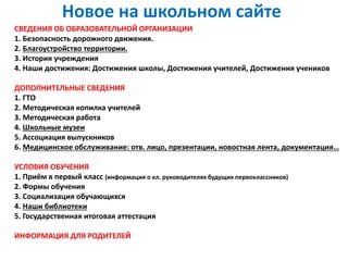 Новое на школьном сайте
СВЕДЕНИЯ ОБ ОБРАЗОВАТЕЛЬНОЙ ОРГАНИЗАЦИИ
1. Безопасность дорожного движения.
2. Благоустройство территории.
3. История учреждения
4. Наши достижения: Достижения школы, Достижения учителей, Достижения учеников
ДОПОЛНИТЕЛЬНЫЕ СВЕДЕНИЯ
1. ГТО
2. Методическая копилка учителей
3. Методическая работа
4. Школьные музеи
5. Ассоциация выпускников
6. Медицинское обслуживание: отв. лицо, презентации, новостная лента, документация…
УСЛОВИЯ ОБУЧЕНИЯ
1. Приём в первый класс (информация о кл. руководителях будущих первоклассников)
2. Формы обучения
3. Социализация обучающихся
4. Наши библиотеки
5. Государственная итоговая аттестация
ИНФОРМАЦИЯ ДЛЯ РОДИТЕЛЕЙ
 