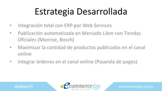 Estrategia Desarrollada
• Integración total con ERP por Web Services
• Publicación automatizada en Mercado Libre con Tiendas
Oficiales (Monroe, Bosch)
• Maximizar la cantidad de productos publicados en el canal
online
• Integrar órdenes en el canal online (Pasarela de pagos)
 