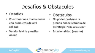 Desafíos & Obstaculos
• Desafíos
• Posicionar una marca nueva
con productos de alta
calidad
• Vender bikinis y mallas
online
• Obstáculos
• No poder probarse la
prenda online (cambio de
estrategia) *Cita para prueba*
• Estacionalidad (verano)
 