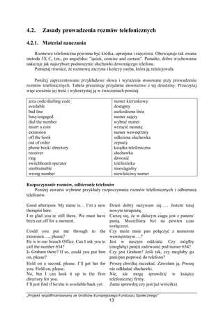 „Projekt współfinansowany ze środków Europejskiego Funduszu Społecznego”
13
4.2. Zasady prowadzenia rozmów telefonicznych
4.2.1. Materiał nauczania
Rozmowa telefoniczna powinna być krótka, uprzejma i rzeczowa. Obowiązuje tak zwana
metoda 3X C, tzn., po angielsku: ”quick, concise and curtain”. Ponadto, dobre wychowanie
nakazuje jak najszybsze podnoszenie słuchawki dzwoniącego telefonu.
Pamiętaj również, że rozmowę zaczyna i kończy osoba, która ją zainicjowała.
Poniżej zaprezentowano przykładowe słowa i wyrażenia stosowane przy prowadzeniu
rozmów telefonicznych. Tabela prezentuje przydatne słownictwo z tej dziedziny. Przeczytaj
więc uważnie jej treść i wykorzystaj ją w ćwiczeniach poniżej.
area code/dialling code
available
bad line
busy/engaged
dial the number
insert a coin
extension
off the hook
out of order
phone book/ directory
receiver
ring
switchboard operator
unobtainable
wrong number
numer kierunkowy
dostępny
uszkodzona linia
numer zajęty
wybrać numer
wrzucić monetę
numer wewnętrzny
odłożona słuchawka
zepsuty
książka telefoniczna
słuchawka
dzwonić
telefonistka
nieosiągalny
niewłaściwy numer
Rozpoczynanie rozmów, odbieranie telefonów
Poniżej zawarto wybrane przykłady rozpoczynania rozmów telefonicznych i odbierania
telefonów.
Good afternoon. My name is… I’m a new
therapist here.
I`m glad you`re still there. We must have
been cut off for a moment.
Dzień dobry nazywam się….. Jestem tutaj
nowym terapeutą.
Cieszę się, że w dalszym ciągu jest z panem/
panią. Musieliśmy być na pewien czas
rozłączeni.
Could you put me through to the
extension…., please?
Czy może mnie pan połączyć z numerem
wewnętrznym …?
He is in our branch Office. Can I ask you to
call the number 654?
Is Graham there? If so, could you put him
on, please?
Jest w naszym oddziale. Czy mógłby
(mogłaby) pan(i) zadzwonić pod numer 654?
Czy jest Graham? Jeśli tak, czy mogłaby go
pani/pan poprosić do telefonu?
Hold on a second, please. I’ll get her for
you. Hold on, please.
Proszę chwilkę zaczekać. Zawołam ją. Proszę
nie odkładać słuchawki.
No, but I can look it up in the firm
directory for you.
Nie, ale mogę sprawdzić w książce
telefonicznej firmy.
I’ll just find if he/she is available/back yet. Zaraz sprawdzę czy jest/już wrócił(a).
 