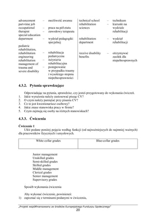 „Projekt współfinansowany ze środków Europejskiego Funduszu Społecznego”
20
advancement
part-time job
occupational
therapist
special education
department
pediatric
rehabilitation,
rehabilitation
engineering
rehabilitation
management of
trauma and
severe disability
– możliwość awansu
– praca na pół etatu
– zawodowy terapeuta
– wydział pedagogiki
specjalnej
– rehabilitacja
pediatryczna
– inżynieria
rehabilitacyjna
– postępowanie
w przypadku traumy
i wysokiego stopniu
niepełnosprawności
technical school
rehabilitation
sciences
rehabilitation
department
receive disability
benefits
– technikum
– kierunki na
wydziale
rehabilitacji
– wydział
rehabilitacji
– otrzymywać
zasiłek dla
niepełnosprawnych
4.3.2. Pytania sprawdzające
Odpowiadając na pytania, sprawdzisz, czy jesteś przygotowany do wykonania ćwiczeń.
1. Jakie wyrażenia należy zastosować pisząc CV?
2. O czym należy pamiętać przy pisaniu CV?
3. Co to jest kwestionariusz osobowy?
4. Jakie znasz stanowiska pracy w firmie?
5. Czym zajmują się osoby na różnych stanowiskach?
4.3.3. Ćwiczenia
Ćwiczenie 1
Ułóż podane poniżej pojęcia według funkcji (od najważniejszych do najmniej ważnych)
dla pracowników fizycznych i umysłowych.
White collar grades Blue-collar grades
Junior management
Unskilled grades
Semi-skilled grades
Skilled grades
Middle management
Clerical grades
Senior management
Supervisory grades
Sposób wykonania ćwiczenia
Aby wykonać ćwiczenie, powinieneś:
1) zapoznać się z terminami podanymi w ćwiczeniu,
 