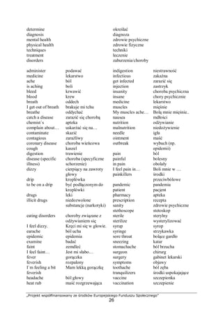 „Projekt współfinansowany ze środków Europejskiego Funduszu Społecznego”
26
determine
diagnosis
mental health
physical health
techniques
treatment
disorders
określać
diagnoza
zdrowie psychiczne
zdrowie fizyczne
techniki
leczenie
zaburzenia/choroby
administer
medicine
ache
is aching
bleed
blood
breath
I get out of breath
breathe
catch a disease
chemist`s
complain about…
contaminate
contagious
coronary disease
cough
digestion
disease (specific
illness)
dizzy
drip
to be on a drip
drugs
illicit drugs
eating disorders
I feel dizzy.
earache
epidemic
examine
faint
I feel faint…
fever
feverish
I`m feeling a bit
feverish
headache
heat rub
podawać
lekarstwo
ból
boli
krwawić
krew
oddech
brakuje mi tchu
oddychać
zarazić się chorobą
apteka
uskarżać się na…
skazić
zaraźliwy
choroba wieńcowa
kaszel
trawienie
choroba (specyficzne
schorzenie)
cierpiący na zawroty
głowy
kroplówka
być podłączonym do
kroplówki
leki
niedozwolone
substancje (narkotyki)
choroby związane z
odżywianiem się
Kręci mi się w głowie.
ból ucha
epidemia
badać
zemdleć
Jest mi słabo…
gorączka
rozpalony
Mam lekką gorączkę
ból głowy
maść rozgrzewająca
indigestion
infectious
get infected
injection
insanity
insane
medicine
muscles
My muscles ache…
nausea
nutrition
malnutrition
needle
ointment
outbreak
pain
painful
in pain
I feel pain in…
painkillers
pandemic
patient
pharmacy
prescription
sanity
stethoscope
sterile
sterilize
syrup
syringe
sore throat
sneezing
stomachache
surgeon
surgery
symptoms
toothache
tranquilizers
vaccine
vaccination
niestrawność
zakaźna
zarazić się
zastrzyk
choroba psychiczna
chory psychicznie
lekarstwo
mięśnie
Bolą mnie mięśnie..
mdłości
odżywianie
niedożywienie
igła
maść
wybuch (np.
epidemii)
ból
bolesny
obolały
Boli mnie w …
środki
przeciwbólowe
pandemia
pacjent
apteka
recepta
zdrowie psychiczne
stetoskop
sterylny
wysterylizować
syrop
strzykawka
bolące gardło
katar
ból brzucha
chirurg
gabinet lekarski
objawy
ból zęba
środki uspokajające
szczepionka
szczepienie
 