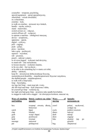 „Projekt współfinansowany ze środków Europejskiego Funduszu Społecznego”
36
counsellor – terapeuta, psycholog,
special equipment – sprzęt specjalistyczny,
wheelchair – wózek inwalidzki,
in a wheelchair,
crutches – kule,
to walk on crutches – poruszać się o kulach,
handle – rączka, uchwyt,
stand – stanowisko,
switch on/turn on – włączyć,
switch off/turn off – wyłączyć,
to operate a machine – obsługiwać maszynę,
device – urządzenie,,
apparatus – aparat,
digital – cyfrowy,
pull – ciągnąć,
push – pchać,
press – naciskać,
take a grip – pochwycić,
squeeze – wyciskać,
rub – pocierać,
punch – uderzać z pięści,
to sit cross-legged – wykonać siad skrzyżny,
to stand still – stać nieruchomo,
to loosen muscles – rozluźnić mięśnie,
to be on a diet – być na diecie ,
to be able to do something być w stanie coś robić,
ability – zdolność,
keep fit – utrzymywać dobrą kondycję fizyczną,
mental/physical disability – niepełnosprawność fizyczna/ umysłowa,
the diabled people – niepełnosprawni,
to walk with a limp kuleć,
limp – bezwładny,
my legs feel limp – mam nogi jak z waty,
she felt tired and limp – była zmęczona i słaba,
let yourself go limp – rozlużnij się,
her right arm had gone limp – jej prawa ręka opadła bezwładnie,
to stagger/to walk with a stagger – iść chwiejnym krokiem, zataczać się.
Ways of touching
and holding
box
catch
clap
grab
grip
hold
massage
pat
Dotyk i uchwyt na różne
sposoby
trzepnąć otwartą dłonią,
boksować
łapać
klaskać
wziąć/ złapać
pochwycić
trzymać
masować
poklepywać
Ways of
moving
crawl
cycle
dance
dash
draw
hike
hug
Sposoby
poruszania się
pełzać, raczkować,
czołgać się
jeździć rowerem
tańczyć
mknąć
ciągnąć
chodzić (np. po
górach)
obejmować
 