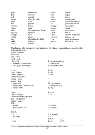 „Projekt współfinansowany ze środków Europejskiego Funduszu Społecznego”
37
point
press
pull
punch
push
rub
scratch
shake
slap
squeeze
strangle
stroke
tap
tickle
wave
wskazywać
naciskać
ciągnąć
uderzyć z pięści
pchać
pocierać
drapać
trząść
uderzyć otwartą dłonią
wyciskać
dusić
gładzić
uderzać bardzo lekko
łaskotać
machać
jump
kick
limp
march
skate
ski
stagger
stamp
stroll
throw
tiptoe
trip over
type
wander
skakać
kopać
utykać
maszerować
jeździć na łyżwach
jeździć na nartach
zataczać się
stanąć
spacerować
rzucać
chodzić na palcach
potknąć się
pisać na maszynie
chodzić bez celu
Przeliczanie miar metrycznych na tradycyjne brytyjskie i amerykańskie jednostki miary
Jednostki długości
length – długość
inch –cala
foot – stopa
yard – jard
1inch (in)
1 foot (ft) = 12 inches (in)
1 yard (yd) = 1 mile (mi)
1 cm
1m = 100 cm
1km = 1000 m
2,5 centimetres (cm)
0,3 metres (m)
1,6 kilometres (km)
0,4 in
1,1 yd
0,6 mi
Jednostki ciężaru
ounce – uncja
pound – funt
1 ounce (oz)
1 pound (lb) = 16 ounces (oz)
1 stone = 14 lb
1gm
1kg = 1000gm
28,3 grams(gm)
0,4 kilograms (kg)
6,3 kg
0,04 oz
2,2lb
Jednostki objętości płynów
pint – ok. pół litra
gallon – galon
U.K.
1 pint (pt)
1 gallon (gal) = 8pt
U.S.A.
1 pt
1 gal = 8pt
1 litre
0,6 litrs (l)
4,5 litres (l)
0,47 litres (l)
3,8l
U.S.A. U.K.
2,1pt 1,7pt
 