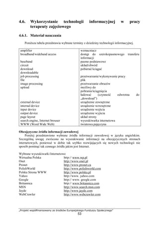 „Projekt współfinansowany ze środków Europejskiego Funduszu Społecznego”
53
4.6. Wykorzystanie technologii informacyjnej w pracy
terapeuty zajęciowego
4.6.1. Materiał nauczania
Poniższa tabela przedstawia wybrane terminy z dziedziny technologii informacyjnej.
amplifier
broadband/wideband access
baseband
circuit
download
downloadable
job processing
file
image processing
upload
external device
internal device
input device
output device
page layout
search engine, Internet brouser
WWW (Word Wide Web)
wzmacniacz
dostęp do szerokopasmowego transferu
informacji
pasmo podstawowe
układ/obwód
pobierać/ściągać
przetwarzanie/wykonywanie pracy
plik
przetwarzanie obrazów
możliwy do
pobrania/ściągnięcia
ładować (czynność odwrotna do
„download”)
urządzenie zewnętrzne
urządzenie wewnętrzne
urządzenie wejścia
urządzenie wyjścia
układ strony
wyszukiwarka internetowa
światowa pajęczyna
Obcojęzyczne źródła informacji zawodowej
Poniżej przedstawiono wybrane źródła informacji zawodowej w języku angielskim.
Szczególną uwagę zwrócono na wyszukiwanie informacji na obcojęzycznych stronach
internetowych, ponieważ w dobie tak szybko rozwijających się nowych technologii nie
sposób pominąć tak cennego źródła jakim jest Internet.
Wybrane wyszukiwarki Internetowe
Wirtualna Polska http:// www.wp.pl
Onet http://www.onet.pl
Pronet http://www.pronet.ca
PolishWorld http://www.polishworld.com
Polska Strona WWW http://www.polska.pl
Yahoo http://www. yahoo.com
Google http:// www. google.com
Britannica http:// www.britannica.com
MSN http://www.search.msn.com
Jayde http://www.jayde.com
WebCrawler http://www.webcrawler.com
 