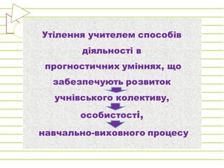 Утілення учителем способів
діяльності в
прогностичних уміннях, що
забезпечують розвиток
учнівського колективу,
особистості,
навчально-виховного процесу
 