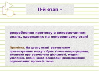 ІІ-й етап –
розроблення прогнозу з використанням
знань, одержаних на попередньому етапі
Примітка. На цьому етапі результатом
прогнозування можуть бути: гіпотези-припущення,
висновки про результати діяльності, моделі-
уявлення, плани щодо реалізації різноманітних
педагогічних процесів тощо.
 