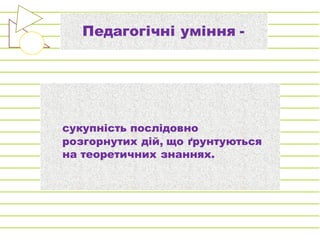 Педагогічні уміння -
сукупність послідовно
розгорнутих дій, що ґрунтуються
на теоретичних знаннях.
 