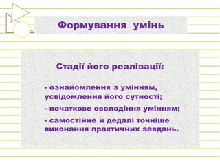 Формування умінь
Стадії його реалізації:
- ознайомлення з умінням,
усвідомлення його сутності;
- початкове оволодіння умінням;
- самостійне й дедалі точніше
виконання практичних завдань.
 