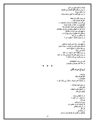 55
‫شان‬ ‫الجوردی‬ ‫گنبد‬ ‫از‬ ‫شبانه‬
‫کشیدند‬ ‫می‬ ‫کشیک‬ ‫گلها‬ ‫مراقبت‬ ‫برای‬ ‫از‬
‫روزها‬ ‫قلب‬ ‫در‬ ‫و‬
. ‫بودند‬ ‫آرمیده‬ ‫تنبلی‬ ‫به‬ ‫آفتاب‬ ‫تیغ‬ ‫زیر‬ ‫در‬
‫لبخند‬ ‫این‬ ‫کنندۀ‬ ‫دیدار‬ ‫هر‬
: ‫نمود‬ ‫خواهد‬ ‫اعتراف‬
، ‫را‬ ‫اندوهبار‬ ‫وادی‬ ‫آن‬ ‫اضطراب‬ ‫و‬ ‫قراری‬ ‫بی‬
‫نیست‬ ‫خواب‬ ‫در‬ ‫آنجا‬ ‫در‬ ‫چیزی‬ ‫هیچ‬
‫که‬ ‫شود‬ ‫مانع‬ ‫تواند‬ ‫نمی‬ ‫قدرتی‬ ‫هیچ‬ ‫و‬،
.‫بیفشانند‬ ‫بذر‬ ‫روح‬ ‫جادوئی‬ ‫تنهائی‬ ‫در‬ ‫هوا‬ ‫ّات‬‫ر‬‫ذ‬
‫با‬‫هیچ‬‫درختانش‬ ‫لرزند‬ ‫نمی‬ ‫بادی‬
‫ای‬ ‫زده‬ ‫یخ‬ ‫دریای‬ ‫همچون‬ ‫که‬ ‫درختانی‬
‫آیند‬ ‫می‬ ‫در‬ ‫ارتعاش‬ ‫به‬
! ‫ای‬ ‫اسطوره‬ ِ‫نمناک‬ ‫حوزۀ‬ ‫آن‬ ‫در‬
! ‫آه‬
‫ابرهایش‬ ‫شوند‬ ‫نمی‬ ‫رانده‬ ‫بادی‬ ‫هیچ‬ ‫با‬
‫آسمان‬ ‫سینۀ‬ ‫در‬ ‫خزند‬ ‫می‬ ‫کنان‬ ‫خش‬ ‫خش‬ ‫که‬
‫شب‬ ‫تا‬ ‫صبح‬ ‫از‬ ‫عذابی‬ ‫چه‬ ‫با‬ ‫و‬
‫می‬ ‫اشک‬‫ر‬‫یزند‬
‫آر‬ ‫های‬ ‫بنفشه‬ ‫روی‬ ‫بر‬‫آنجا‬ ‫در‬ ، ‫میده‬
‫آنجا‬ ‫،در‬ ‫زنند‬ ‫می‬ ‫موج‬ ‫که‬ ‫هائی‬ ‫زنبق‬ ‫روی‬ ‫بر‬
! ‫نشان‬ ‫و‬ ‫نام‬ ‫بی‬ ‫قبری‬ ‫روی‬ ‫بر‬
‫اشکهایشان‬ ‫ریزد‬ ‫می‬ ‫فرو‬
.‫جاویدان‬ ‫جواهری‬ ‫های‬ ‫دانه‬ ‫در‬
* * *
‫مرد‬ ‫ارواح‬‫ه‬‫گان‬
، ‫تو‬ ‫روح‬
‫یافت‬ ‫خواهد‬ ‫تنها‬
‫را‬ ‫خویشتن‬
‫قبر‬ ِ‫رنگ‬ ‫بی‬ ِ‫سنگ‬ ِ‫تاریک‬ ‫های‬ ‫اندیشه‬ ‫در‬–
‫انب‬ ‫میان‬ ‫در‬، ‫جماعت‬ ‫وه‬
، ‫یکی‬ ‫ّی‬‫ت‬‫ح‬
‫لحظات‬ ‫خلوت‬ ‫اعماق‬ ‫در‬
. ‫کند‬ ‫نمی‬ ‫نیایش‬
: ‫روح‬ ‫تنهائی‬ ‫آن‬ ‫در‬
! ‫عزیز‬ ‫ای‬ ، ‫باش‬ ‫آرام‬
:‫که‬ ‫چرا‬
‫مردمانی‬ ‫آن‬ ‫روح‬
‫تو‬ ‫حضور‬ ‫در‬ ‫اند‬ ‫ایستاده‬ ‫که‬
‫در‬‫آ‬‫زندگانی‬ ‫ّام‬‫ی‬‫ا‬ ‫ن‬
‫دگر‬ ‫بار‬
‫نیز‬ ‫مرگ‬ ‫در‬
. ‫تو‬ ‫با‬ ‫و‬ ‫بود‬ ‫خواهند‬ ‫تو‬ ‫قلمرو‬ ‫در‬ ‫جملگی‬
 
