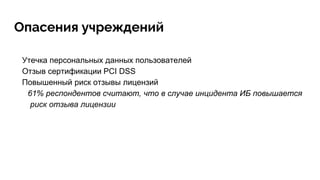 Опасения учреждений
Утечка персональных данных пользователей
Отзыв сертификации PCI DSS
Повышенный риск отзывы лицензий
61% респондентов считают, что в случае инцидента ИБ повышается
риск отзыва лицензии
 