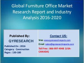 Global Furniture Office Market
Research Report and Industry
Analysis 2016-2020
Published By:
QYRESEARCH
Published On : 2016
Category: Construction
Pages : 130-180
Contact US:
Web: www.qyresearchreports.com
Email: sales@qyresearchreports.com
Toll Free : 866-997-4948 (USA-
CANADA)
 
