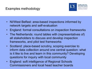 Examples methodology
• NI/West Belfast: area-based inspections informed by
network targets and self-evaluation
• England: formal consultations on inspection frameworks
• The Netherlands: round tables with (representatives of)
all stakeholders to discuss and develop inspection
frameworks, and pilot test frameworks
• Scotland: place-based scrutiny, scoping exercise to
inform data collection around one central question: what
is it like to live and learn in this community? Developing
questions for inquiry with local community
• England: soft intelligence of Regional Schools
Commissioners and local head teacher boards
 