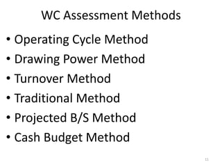 WC Assessment Methods
• Operating Cycle Method
• Drawing Power Method
• Turnover Method
• Traditional Method
• Projected B/S Method
• Cash Budget Method
11
 