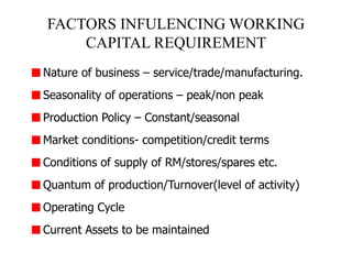 FACTORS INFULENCING WORKING
CAPITAL REQUIREMENT
Nature of business – service/trade/manufacturing.
Seasonality of operations – peak/non peak
Production Policy – Constant/seasonal
Market conditions- competition/credit terms
Conditions of supply of RM/stores/spares etc.
Quantum of production/Turnover(level of activity)
Operating Cycle
Current Assets to be maintained
 