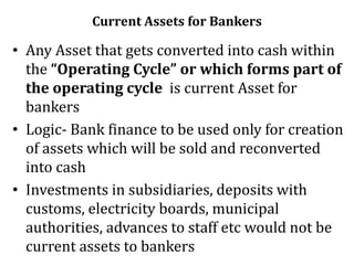 Current Assets for Bankers
• Any Asset that gets converted into cash within
the “Operating Cycle” or which forms part of
the operating cycle is current Asset for
bankers
• Logic- Bank finance to be used only for creation
of assets which will be sold and reconverted
into cash
• Investments in subsidiaries, deposits with
customs, electricity boards, municipal
authorities, advances to staff etc would not be
current assets to bankers
 