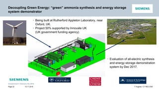 Unrestricted © Siemens AG 2016
15.11.2016Page 22 T Hughes / CT REE ENS
• Being built at Rutherford Appleton Laboratory, near
Oxford, UK.
• Project 50% supported by Innovate UK
(UK government funding agency).
Decoupling Green Energy: “green” ammonia synthesis and energy storage
system demonstrator
• Evaluation of all-electric synthesis
and energy storage demonstration
system by Dec 2017.
 