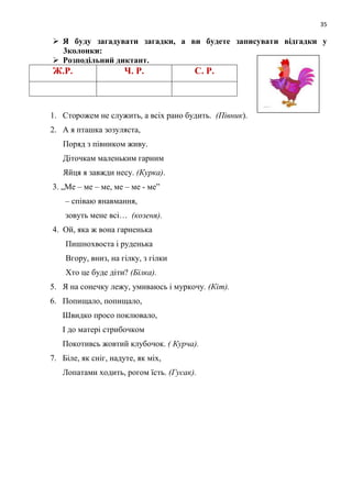 35
 Я буду загадувати загадки, а ви будете записувати відгадки у
3колонки:
 Розподільний диктант.
Ж.Р. Ч. Р. С. Р.
1. Сторожем не служить, а всіх рано будить. (Півник).
2. А я пташка зозуляста,
Поряд з півником живу.
Діточкам маленьким гарним
Яйця я завжди несу. (Курка).
3. „Ме – ме – ме, ме – ме - ме‖
– співаю янавмання,
зовуть мене всі… (козеня).
4. Ой, яка ж вона гарненька
Пишнохвоста і руденька
Вгору, вниз, на гілку, з гілки
Хто це буде діти? (Білка).
5. Я на сонечку лежу, умиваюсь і муркочу. (Кіт).
6. Попищало, попищало,
Швидко просо поклювало,
І до матері стрибочком
Покотивсь жовтий клубочок. ( Курча).
7. Біле, як сніг, надуте, як міх,
Лопатами ходить, рогом їсть. (Гусак).
 