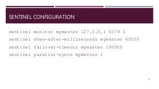 SENTINEL CONFIGURATION
sentinel monitor mymaster 127.0.0.1 6379 2
sentinel down-after-milliseconds mymaster 60000
sentinel failover-timeout mymaster 180000
sentinel parallel-syncs mymaster 1
127
 