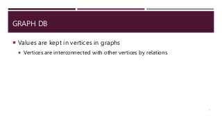 GRAPH DB
 Values are kept in vertices in graphs
 Vertices are interconnected with other vertices by relations
7
 