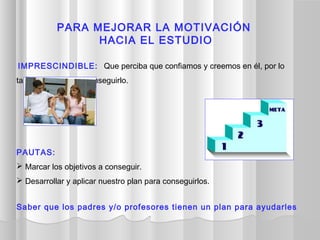 IMPRESCINDIBLE: Que perciba que confiamos y creemos en él, por lo
tanto que puede conseguirlo.
 
PAUTAS:
 Marcar los objetivos a conseguir.
 Desarrollar y aplicar nuestro plan para conseguirlos.
PARA MEJORAR LA MOTIVACIÓN
HACIA EL ESTUDIO
Saber que los padres y/o profesores tienen un plan para ayudarles
 