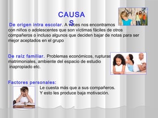 De origen intra escolar. A veces nos encontramos
con niños o adolescentes que son víctimas fáciles de otros
compañeros o incluso algunos que deciden bajar de notas para ser
mejor aceptados en el grupo
De raíz familiar. Problemas económicos, rupturas
matrimoniales, ambiente del espacio de estudio
inapropiado etc.
Factores personales:
Le cuesta más que a sus compañeros.
Y esto les produce baja motivación. 
CAUSA
S
 