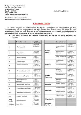 2o Δημοτικό Σχολείο Παπάγου
Σχολικό Έτος 2013-2014
Μακεδονίας 2, 15669
Τηλ.210 6517450 Σχολικό Έτος 2015-16
Φαξ: 210 6510144
e-mail: mail@2dim-papag.att.sch.gr
Διευθύντρια:Ελένη Σταματοπούλου
Υποδιευθύντρια :Πηνελόπη Κωστόγιαννη
Ενημέρωση Γονέων
Οι Γονείς μπορούν να επισκέπτονται το σχολείο προκειμένου να συνεργαστούν με τους
εκπαιδευτικούς και να ενημερωθούν για την πρόοδο των παιδιών τους μία φορά το μήνα
συγκεκριμένη μέρα και ώρα σύμφωνα με τον παρακάτω πίνακα. Για έκτακτα ζητήματα μπορούν να
προγραμματίζονται συναντήσεις μετά από τηλεφωνική επικοινωνία.
 Τους μήνες Δεκέμβριο και Μάρτιο η ενημέρωση θα γίνεται την ημέρα Επίδοσης των
Ελέγχων.
Εκπαιδευτικοί
Ημέρα/
Ώρα/Χώρος
Εκπαιδευτικοί
Α1 Πονήρη Ιουλία
1η Δευτέρα
12.30-13.15
Φυσικής
Αγωγής
Παπανικολάου
Φάλυ
1η Τετάρτη
14.00 -14.45
Α2 Ρίγγα Ισμήνη
1η Δευτέρα
12.30-13.15
Φιλανδριανός
Γεώργιος
1η Πέμπτη
12.30-13.15
Β1 Μούντη Μαρία
1η Τρίτη
12.30-13.15
Ξυδού Αικατερίνη 1η Πέμπτη
13.15 -14.00
Β2 Λιάκου Ελένη
1η Τετάρτη
13.15 – 14.00
Αγγλικών
Πετροπούλου
Ελένη
1η Τετάρτη
13.15 -14.00
Γ1
Σιουρίκη Ευαγγελία 1η Τετάρτη
13.15 – 14.00
Επιτηδείου Σοφία 1η Δευτέρα
12.30-13.15
Γ2 Δρακοπούλου Αργυρώ
1η Παρασκευή
12.30-13.15
Γαλλικών
Γερμανικών
Μπεγάκη
Αικατερίνη
1η Δευτέρα
12.30-13.15
Δ1 Μπουτσάκη Γεωργία
1η Τρίτη
14.00 – 14.45
Σουκαρά Κων/να 1η Πέμπτη
13.15 -14.00
Δ2
Αποστολοπούλου
Ανδριάνα
1η Τρίτη
12.30-13.15
Μαρτάκη
Ζηνοβία
1η Δευτέρα
12.30-13.15
Ε1 Κωστόγιαννη Πηνελόπη
1η Τρίτη
12.30-13.15 Μουσικής
Σερλέτη Καλλίνα 1η Τετάρτη
13.15 -14.00
Ε2 Παλαιολόγου Μαριλένα
1η Παρασκευή
13.15 – 14.00
Εικαστικών
Κατσάνα Ιωάννα 1η Τρίτη
12.30-13.15
ΣΤ1 Καραμάνου Κυπαρισσία
1η Τρίτη
13.15 – 14.00
Μαυρίδη Σοφία 1η Τρίτη
14.00 -14.45
ΣΤ2 Τάγαρη βασιλική
1η Πέμπτη
12.30-13.15
Πληροφορικής
Κεφαλά Σοφία 1η Τρίτη
12.30-13.15
Τμήμα
Ένταξης
Λάλου Αικατερίνη
1η Δευτέρα
12.30-13.15
Ολοήμερο Γκενέ Ελένη
1η Δευτέρα
12.30-13.15
Θεατρικής
Αγωγής
 