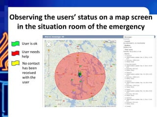 Observing the users’ status on a map screen
in the situation room of the emergency
User is ok
User needs
help
No contact
has been
received
with the
user
 