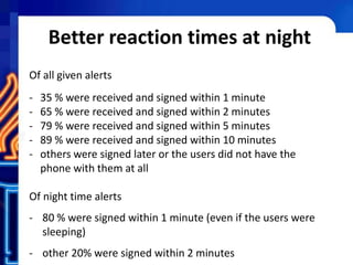 Better reaction times at night
Of all given alerts
- 35 % were received and signed within 1 minute
- 65 % were received and signed within 2 minutes
- 79 % were received and signed within 5 minutes
- 89 % were received and signed within 10 minutes
- others were signed later or the users did not have the
phone with them at all
Of night time alerts
- 80 % were signed within 1 minute (even if the users were
sleeping)
- other 20% were signed within 2 minutes
 