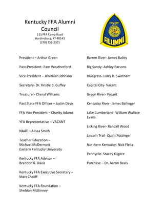 Kentucky FFA Alumni
Council
111 FFA Camp Road
Hardinsburg, KY 40143
(270) 756-2301
President – Arthur Green
Past-President- Pam Weatherford
Vice President – Jeremiah Johnson
Secretary- Dr. Kristie B. Guffey
Treasurer- Cheryl Williams
Past State FFA Officer – Justin Davis
FFA Vice President – Charity Adams
YFA Representative – VACANT
NAAE – Alissa Smith
Teacher Education –
Michael McDermott
Eastern Kentucky University
Kentucky FFA Advisor –
Brandon K. Davis
Kentucky FFA Executive Secretary –
Matt Chaliff
Kentucky FFA Foundation –
Sheldon McKinney
Barren River- James Bailey
Big Sandy- Ashley Parsons
Bluegrass- Larry D. Swetnam
Capital City- Vacant
Green River- Vacant
Kentucky River- James Ballinger
Lake Cumberland- William Wallace
Evans
Licking River- Randall Wood
Lincoln Trail- Quint Pottinger
Northern Kentucky- Nick Fleitz
Pennyrile- Stacey Kilgore
Purchase – Dr. Aaron Beals
 