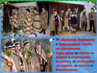  Те обикалят домовете
и благославят труда
на стопаните.
 Пеят песни за здраве на
хората и домашните
животни, за плодородие
на земята, за късмет и
благополучие.
 